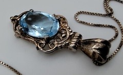 Vtg Pastel Oval Blue Faceted Stone Filigree Sterling Silver Pendant Necklace 925