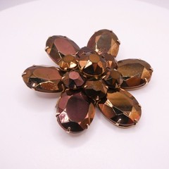 Vintage Brown Glass Rhinestone Gold Tone Flower Brooch Large 2.7″ Womens Mens