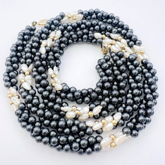 Vintage Twisted Hematite Rice Pearl 14K Gold Bead Necklace 30 in