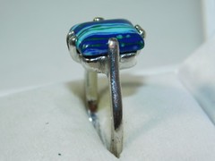 Banded Blue Glass Stone Silver tone Solitaire sz 10 Ring