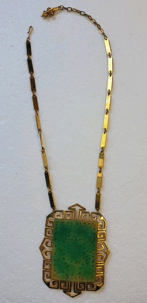 Vintage HUGE Vendome Faux Jade Asian inspired Pendant Necklace ~East Collection