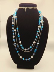 Vintage Triple Strand Blue Glass Bead Necklace Silver Tone Chain Unbranded Multi