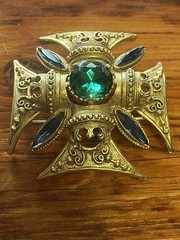 Florenza Signed Gold Tone Maltese Cross Brooch Green & Blue Rhinestones 2in