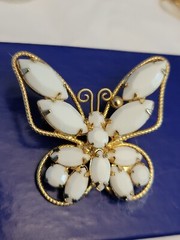 Vintage Goltone Milk glass Stone Butterfly Brooch Pin