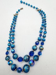 Vintage MCM Peacock Blue Iridescent Two Strand Beaded Necklace Glass Gold Fleck