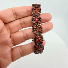 Vintage Boho Floral Bracelet Burnished Copper with Red Stones