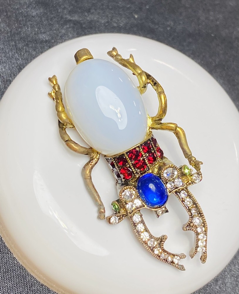 NWOT Kelley Hollis Signed Darling Scarab Moonstone/Rhinestone Beetle Brooch/Pin!