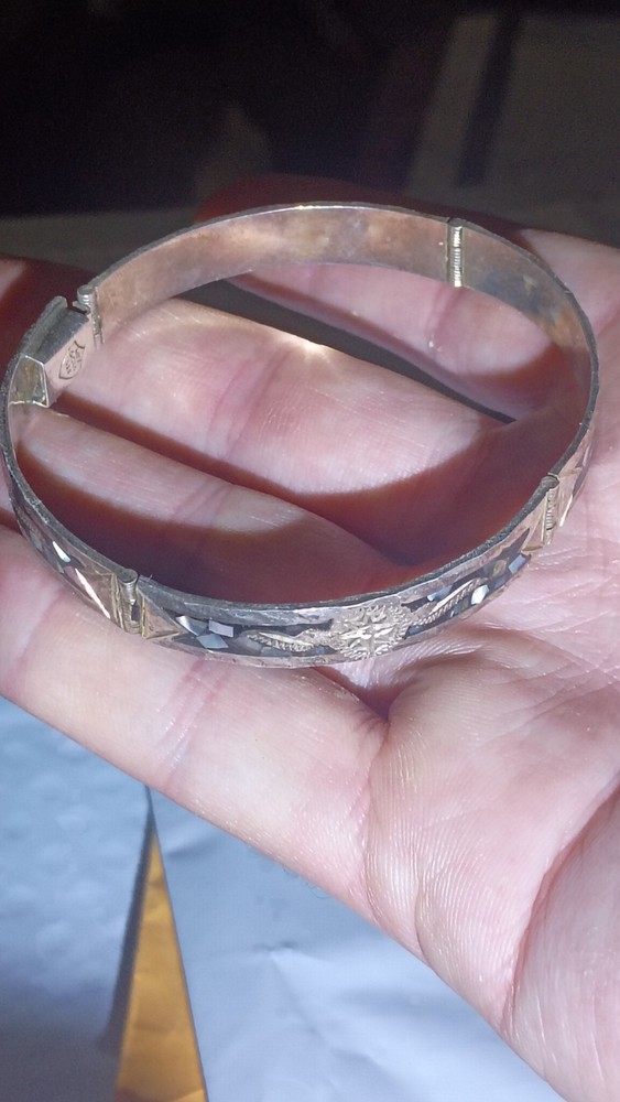 Signed Mexico 925 Aztec Sunstone + abalone inlay art snap clasp 8″ bracelet 18 G