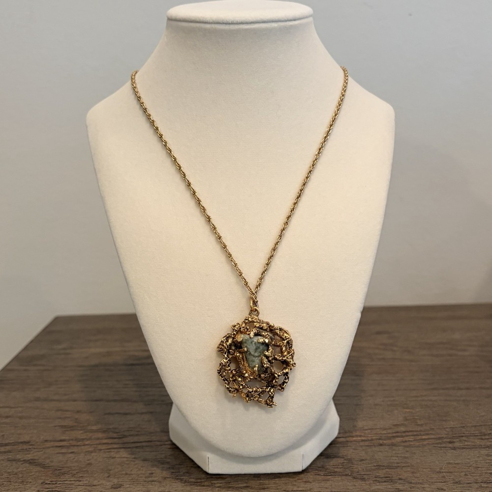 MCM 1970’s Brutalist Chunky Retro Gold Tone Necklace Inlaid Faux Stones 11”