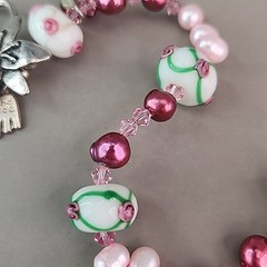 Glass Beaded Bracelet Lampwork Pink Freshwater Pearl Handmade 6.75″