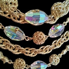 Vintage AB Crystal Glass Bead Multi Strand Gold Tone Bib Necklace 1950s 1960s