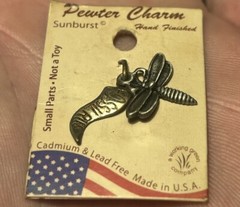 Vintage Dragonfly Pendant Insect Charm Silver Pewter Fossil Museum NOS Jewelry