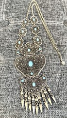 Vintage Bohemian Gothic Art Silver Alloy Pressed Metal Faux Blue Turquoise