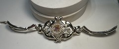 Vintage Aurora Borealis Pink Rhinestone Bracelet Gold Tone Ornate Open Work MCM