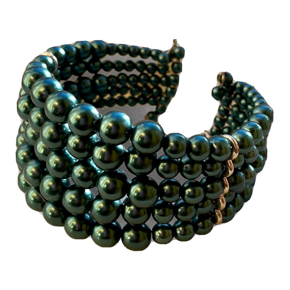 Bracelet 5 Row Teal Beaded Stretch Cuff Bracelet Open Back Graduated (F111)