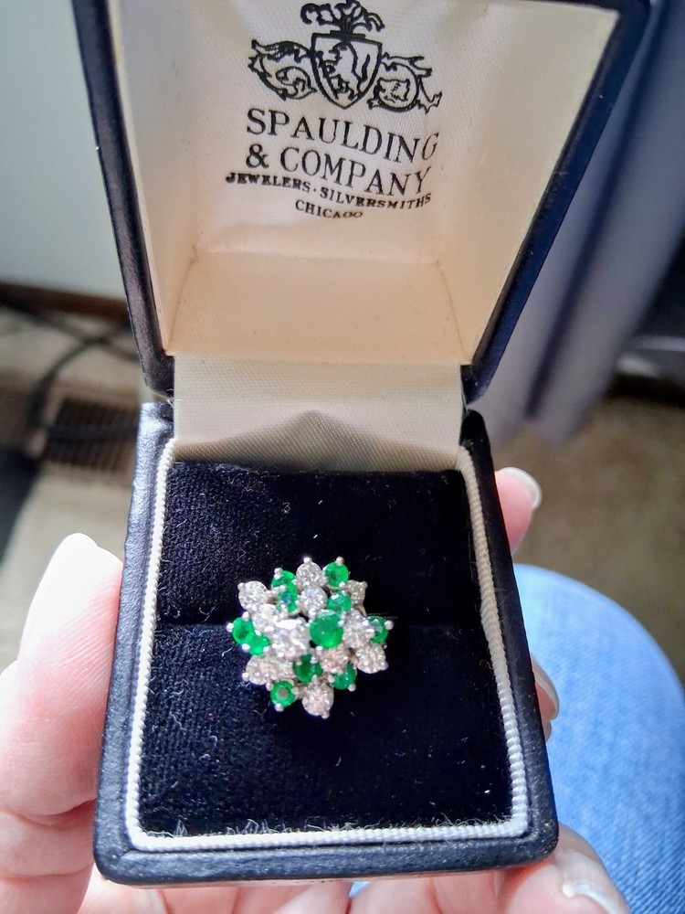 Diamond and Emerald cocktail ring with platinum band, very elegant– size 8