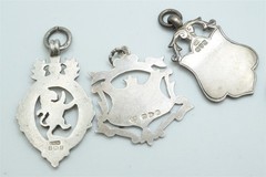 3 x ANTIQUE ENGLISH STERLING SILVER GOLD SHIELD FOB MEDALS / DOG TAGS