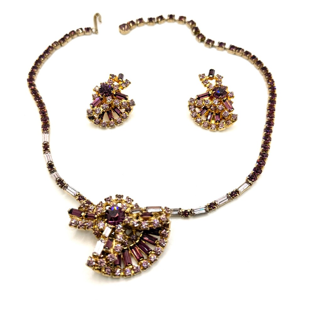 Vintage 50s Purple Amethyst Rhinestone Baguette Statement Necklace Earring Set