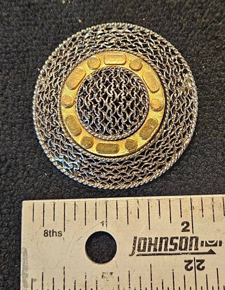 Vintage Two-tone Medallion Brooch Pin Filigree Shield 2.5 inches