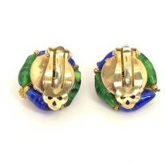 Elegant Vintage Les Bernard Clip On Earrings Blue & Green Glass Golden Ornament