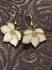 Laurel Burch Pear Blossom Dangle Earrings Cream Purple Enamel