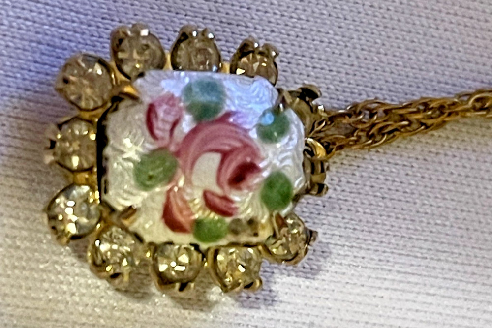 Vintage 925 Sterling Silver/Gold Vermeil HP Porcelain Rose Rhinestone Necklace