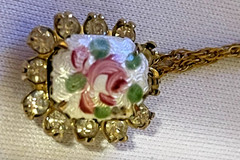 Vintage 925 Sterling Silver/Gold Vermeil HP Porcelain Rose Rhinestone Necklace