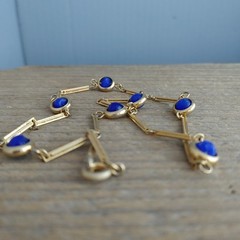 Vintage Gold Tone Long Link Chain Necklace Encased Navy Blue Bead Stations 15”