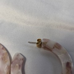 Acrylic Resin C-Shaped Hoop Earrings White and Lavender Polished Tortoise Shell