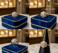 Vintage Hexagon Halo 2CT Round Cut Lab Created Diamond Ring 14K Yellow Gold Over