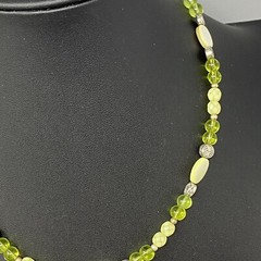 Dainty Glass Station Necklace Lime Green Druk Bead MOP Frosted Acrylic Faceted