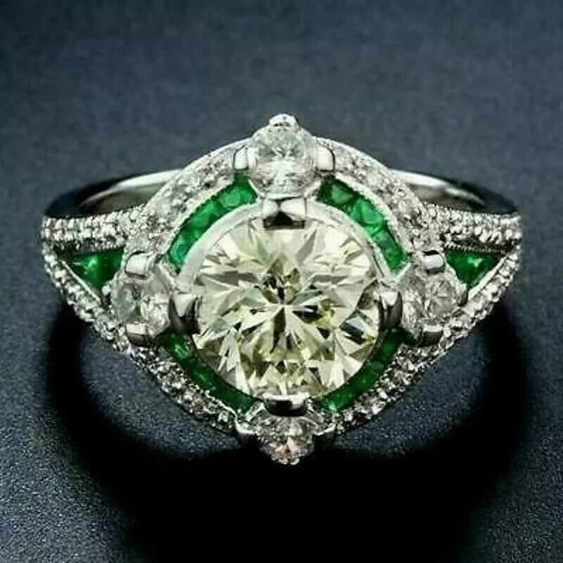 Art Deco Style Lab Created Diamond & Emerald 14k White Gold Finish Wedding Ring