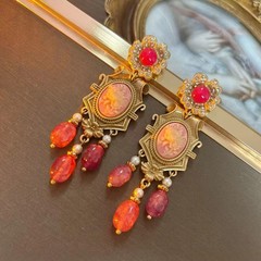 Vintage European Floral Cameo Drop Earrings Gold Plated Rhinestone Pearl Dangle