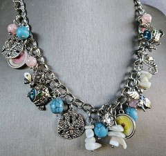 Vintage Silver Tone Charm Necklace Faux Turquoise Beaded Chain Bird Flower Beach