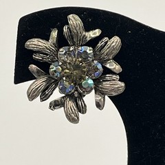 Vintage Selro Selini Aurora Borealis Rhinestone Clip-On Earrings Signed Floral