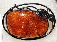 Antique Sterling Silver 925 Cognac Baltic Amber Pendant Brooch Necklace 24 Grams