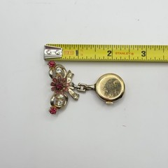 Vintage Benrus Rhinestone Flower Crystal Bow Brooch Pin Watch Pink Gold Tone