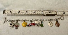Sporty Girl Charm Bracelet-Enamel Charms On Silver Tone-Soccer-Golf-Balls-Helmet