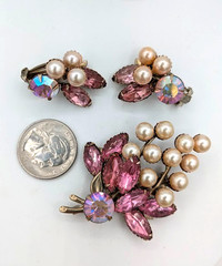 Vintage Floral Brooch Earrings SET Pink Navette Rhinestone Faux Pearl
