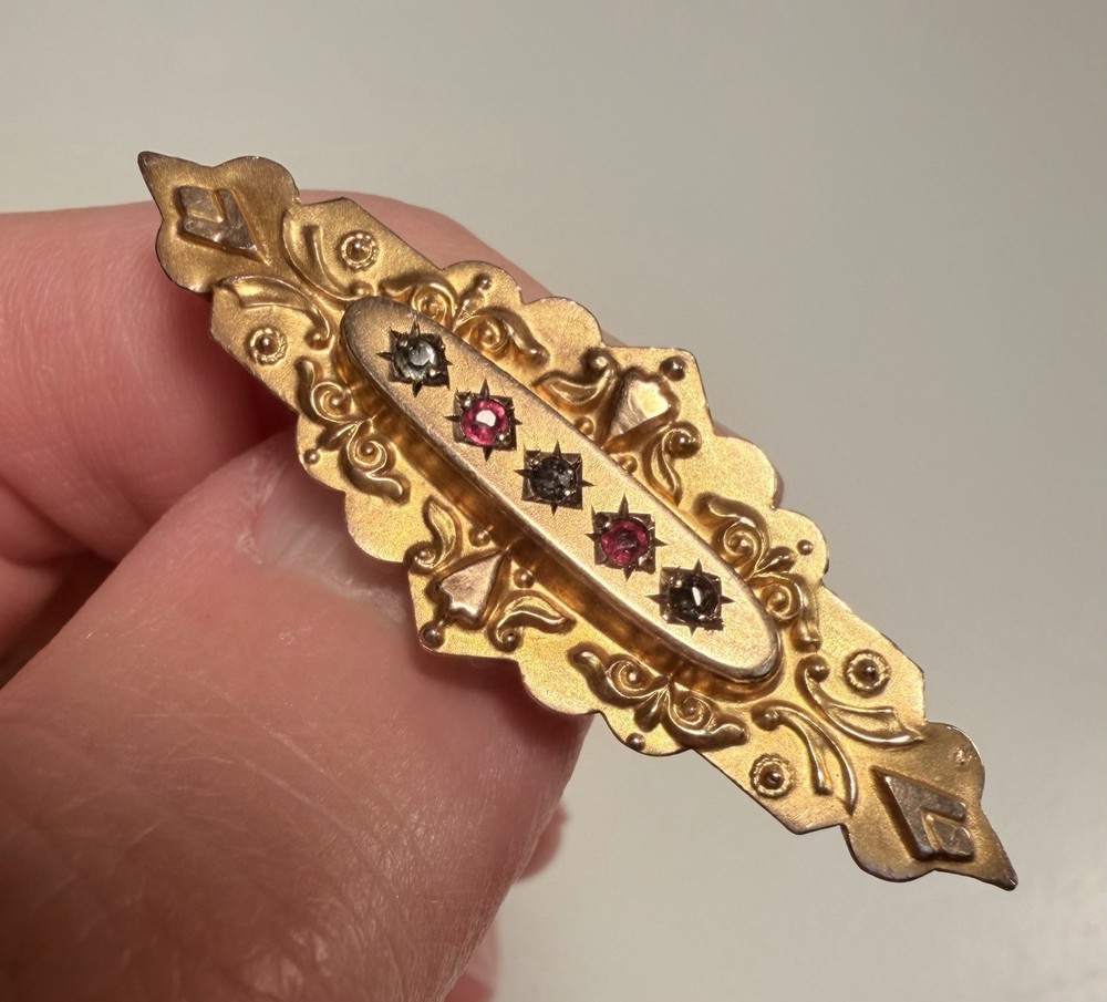 Antique Etruscan English 9k Yellow Gold & Rose Cut Diamond Mourning Brooch/Pin