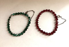 2 Sterling Silver ART DECO Christmas Red Green Hexagon Rhinestone Bracelets Sz S