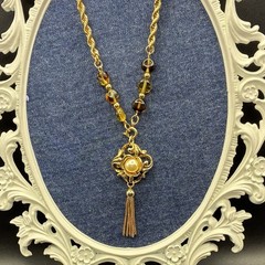 Custom OOAK Vintage 1980s Rope Chain with Amber & Faux Pearl & Tassel Pendant