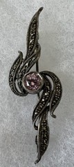 Vintage Pink Amethyst Markasite + .925 Sterling Silver Pin Brooch 2.25”