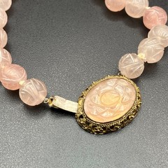 Chinese Export Blush Pink Carved Rose Quartz Necklace Floral Pendant 17 Inches