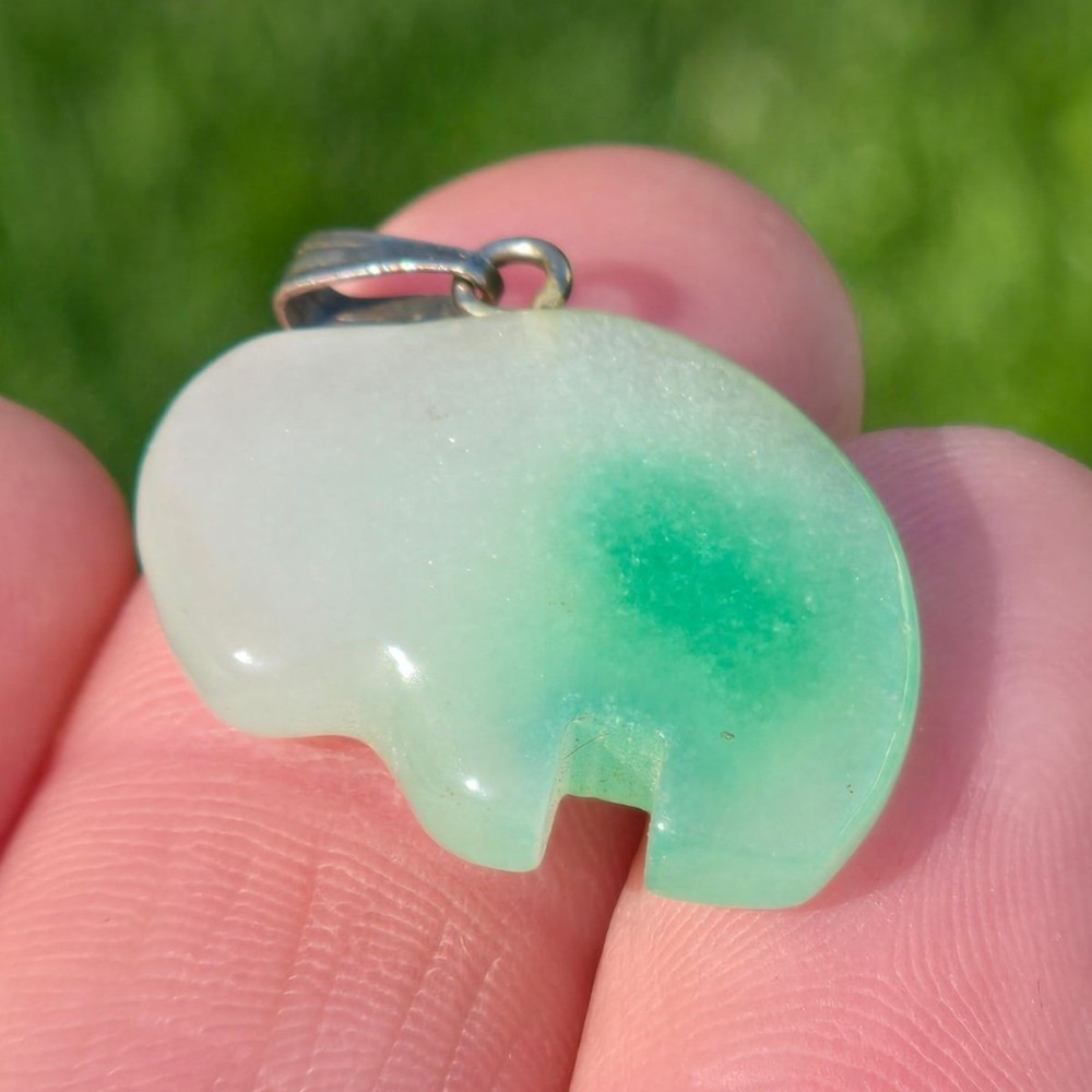 Vintage Jade Stone Buffalo Pendant Green White Bison Carved Charm Nature Jewelry
