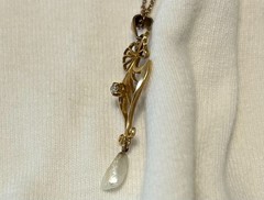 Antique Edwardian 10K Gold Lavalier Necklace with Diamond & Pearl Drop – c.1900–