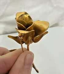 Vintage Gold Tone Long Stem Rose Brooch 3D Brushed Metal Flower Pin 1970s