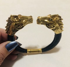 Vintage Double Horse Head Spring Cuff Leather Wrapped Bracelet. Rare