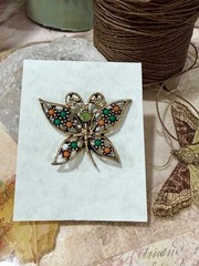 Butterfly Pin, Antique Gold-tone adorned with Faux Coral & Green Cabochons