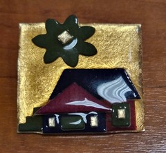 Vintage House Pins by Lucinda Green & Black Home Flower in The Sky Pin / Brooch